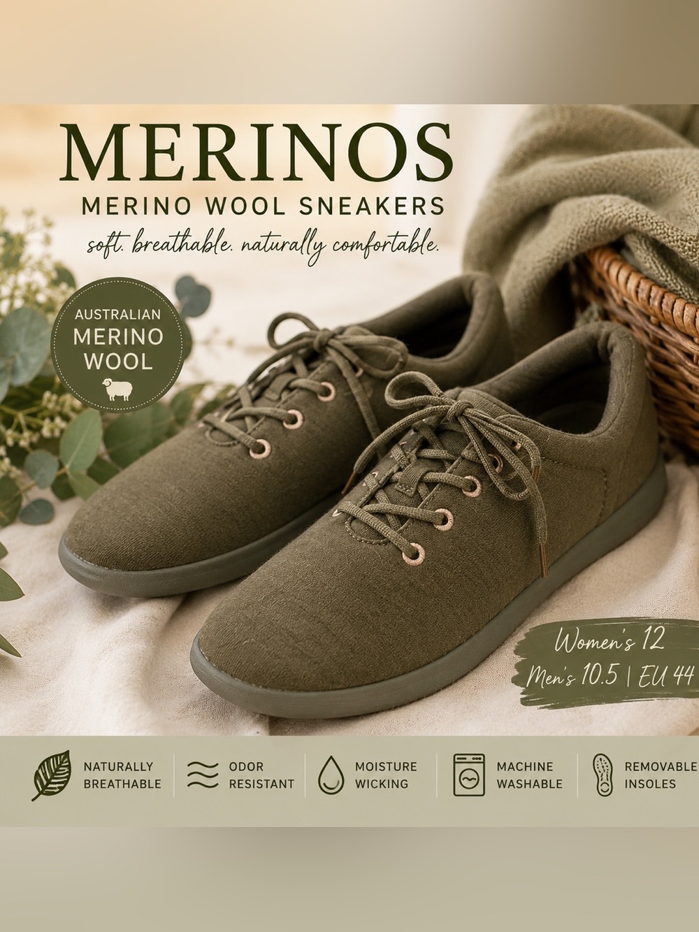 Merinos Merino Wool Lace-Up Sneakers Olive Green Women’s 12 EU 44 Excellent